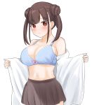  1girl absurdres bare_shoulders blue_bra blush bra breasts brown_hair brown_skirt cleavage closed_mouth collarbone cowboy_shot double_bun hair_bun highres holding holding_towel idolmaster idolmaster_shiny_colors large_breasts long_hair looking_at_viewer midriff navel oohashi_ayaka_(artist) open_towel pleated_skirt red_eyes shy simple_background skirt solo sonoda_chiyoko sweatdrop towel twintails underwear white_background white_towel 