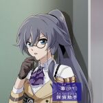  1990s_(style) 1girl :o blush brown_gloves character_name fu_hua fu_hua_(valkyrie_accipiter) furigana gloves grey_hair hair_between_eyes hand_on_own_chin high_ponytail honkai_(series) honkai_impact_3rd long_hair monocle official_alternate_costume open_mouth pointy_ears qqqne retro_artstyle shirt solo upper_body white_shirt 