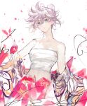  1girl akashi_senju bare_shoulders blue_eyes chain chest_sarashi closed_mouth colored_eyelashes floral_print flower hair_bun highres jacket looking_at_viewer off_shoulder pants pink_flower pink_pants print_jacket remsrar sarashi solo tokyo_revengers white_hair 