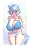  1girl absurdres animal_ears arm_under_breasts bikini blue_bikini blue_eyes blue_hair blush bow breast_hold breasts cat_ears cat_girl cleavage hair_bow hand_on_own_chest heterochromia highres huge_breasts jinmeii looking_at_viewer original parted_lips sarong see-through simple_background solo standing swimsuit thigh_gap white_background yellow_bow yellow_eyes 