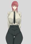  1girl black_pants breasts business_suit chainsaw_man collared_shirt iita_nori large_breasts long_sleeves looking_at_viewer makima_(chainsaw_man) necktie pants red_eyes red_hair shirt solo suit white_shirt wide_sleeves 