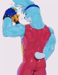  2023 absurd_res anthro back_muscles biceps blue_body blue_fur blue_hair buckteeth butt clothed clothing digital_media_(artwork) ear_piercing ear_ring eyebrows fingerless_gloves fully_clothed fur glamrock_bonnie_(fnaf) gloves guitar hair half-closed_eyes handwear hi_res kogito lagomorph leporid male mammal muscular muscular_anthro muscular_male musical_instrument narrowed_eyes piercing plucked_string_instrument rabbit rear_view red_eyes ring_piercing smile solo string_instrument sweatband teeth 