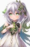  1girl :o arm_at_side armband bare_shoulders braid cross-shaped_pupils curly_hair detached_sleeves dress eyelashes french_braid genshin_impact gradient_hair green_eyes green_hair grey_background hair_between_eyes hair_ornament hand_up leaf_hair_ornament light_blush long_hair looking_at_viewer multicolored_clothes multicolored_dress multicolored_hair nahida_(genshin_impact) parted_lips pointy_ears short_sleeves side_ponytail simple_background sleeveless sleeveless_dress solo streaked_hair symbol-shaped_pupils ten_(tenchan_man) upper_body white_hair wristband 