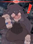  ! 1girl @_@ absurdres ahoge arm_up black_hair blush bottle breasts commentary_request crazy_eyes crazy_smile dress gameplay_mechanics glowing glowing_eyes hair_between_eyes hairband hand_up hex_maniac_(pokemon) highres holding holding_bottle huge_breasts kurachi_mizuki long_hair long_sleeves looking_at_viewer messy_hair milk_bottle night nose_blush open_mouth outdoors parted_bangs pink_eyes pokemon pokemon_(game) pokemon_legends:_arceus pokemon_xy purple_hairband smile solo sweat turtleneck turtleneck_dress upper_body user_interface very_long_hair wavy_mouth wide-eyed 