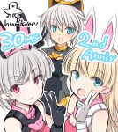  30_minutes_sisters 3girls :&gt; :d animal_ears anniversary artist_name bare_shoulders black_gloves black_leotard blonde_hair blue_eyes blunt_bangs border breasts cat_ears cleavage_cutout clothing_cutout commentary_request dot_nose fake_animal_ears gloves grey_hair hair_between_eyes hair_flaps highres laranel_(30ms) leotard lirinel_(30ms) long_hair looking_at_viewer mecha_musume multiple_girls official_art open_mouth rabbit_ears red_eyes rishetta_(30ms) shimada_fumikane short_hair simple_background sleeveless small_breasts smile v white_background white_border white_gloves white_hair 
