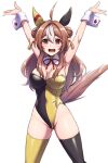  ahoge animal_ears armpits arms_up asymmetrical_legwear black_leotard black_thighhighs blush breasts brown_hair cleavage commentary_request copano_rickey_(umamusume) cowboy_shot detached_collar double_bun ear_covers ear_ornament fang hair_between_eyes hair_bun hair_ornament highleg highleg_leotard highres horse_ears horse_girl horse_tail large_breasts leotard long_hair looking_at_viewer mismatched_legwear multicolored_hair nontraditional_playboy_bunny open_mouth pataneet pink_eyes simple_background skin_fang smile strapless strapless_leotard streaked_hair tail tassel tassel_hair_ornament thighhighs two-tone_leotard umamusume white_background white_hair wrist_cuffs yellow_leotard yellow_thighhighs 