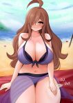  1girl absurdres ahoge beach beach_towel bikini blush breasts brown_eyes brown_hair hair_over_one_eye highres kono_subarashii_sekai_ni_shukufuku_wo! lap_pillow_invitation large_breasts long_hair looking_at_viewer messy_hair navel purple_bikini sand sitting swimsuit the_only_shoe towel very_long_hair wiz_(konosuba) 