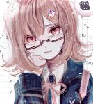  1girl bespectacled brown_hair closed_mouth collared_shirt danganronpa_(series) danganronpa_2:_goodbye_despair galaga glasses green_jacket hand_on_own_cheek hand_on_own_face hand_up heart highres hood hooded_jacket jacket medium_hair nanami_chiaki naruse_(nal1525) open_clothes open_jacket pink_eyes semi-rimless_eyewear shirt solo speech_bubble spoken_squiggle squiggle two-tone_shirt 