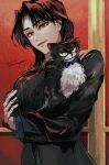  1boy animal animalization artist_name black_cat black_jacket blue_bow blue_bowtie bow bowtie brown_eyes brown_hair cat commentary_request dated holding holding_animal holding_cat ichijou_seiya jacket kaiji long_hair long_sleeves looking_at_viewer male_focus medium_bangs murakami_tamotsu open_mouth parted_bangs red_background smile solo unknown03162 upper_body 