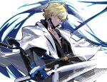  1boy blonde_hair blue_eyes blue_gloves cofffee gloves guilty_gear guilty_gear_strive holding holding_sword holding_weapon jacket jacket_on_shoulders ky_kiske long_sleeves male_focus partially_fingerless_gloves pectoral_cleavage pectorals short_hair simple_background sword thunderseal weapon white_jacket 