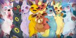  :3 animal_hands blue_sclera colored_sclera dagasi eevee espeon evolutionary_line facial_mark fangs fins fish_tail flareon forehead_jewel forehead_mark furry glaceon head_fins heart heart-shaped_pupils highres jolteon leafeon lying naughty_face on_back open_mouth poke_ball_print pokemon pokemon_(creature) red_sclera sylveon symbol-shaped_pupils tail take_your_pick umbreon vaporeon wavy_mouth 