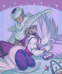  2boys armillary_sphere armlet baggy_pants biceps black_nails blurry blurry_background blush bracelet cape closed_eyes closed_mouth colored_skin commentary_request dougi dragon_ball dragon_ball_super dragon_ball_super_super_hero earrings fingernails gohan_beast green_skin grey_hair hand_up highres jewelry koukyouji long_fingernails looking_at_another lying male_focus multiple_boys muscular muscular_male namekian neck_ring on_side open_mouth pants piccolo pillow planet pointy_ears purple_background purple_pants red_sash sash shoulder_pads simple_background sitting sleeping smile smirk son_gohan spiked_hair star_(symbol) striped striped_background stuffed_animal stuffed_toy turban under_covers usekh_collar white_cape 