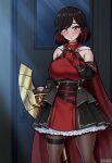  1girl artist_name breasts cape commentary door dress english_commentary feet_out_of_frame fingerless_gloves gloves grey_eyes highres indoors large_breasts looking_at_viewer pantyhose rwby smile solo summer_rose tabletknight thigh_strap watermark 