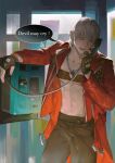  1boy abionicsheep abs bishounen black_gloves blue_eyes dante_(devil_may_cry) devil_may_cry_(series) english_text gloves highres holding holding_phone jewelry long_hair necklace phone talking_on_phone white_hair 