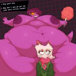  absurd_res anthro belly big_breasts blush bovid breasts caprine catboyz clothed clothing deltarune digital_media_(artwork) duo english_text eyewear female fur glasses goat hi_res horn male male/female mammal nipples nude overweight purple_body ralsei scalie scarf simple_background smile susie_(deltarune) tail text thick_thighs undertale_(series) white_body 