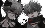  2boys asta_(black_clover) black_clover black_sclera colored_sclera demon_boy demon_horns green_eyes grey_hair highres horns liebe_(black_clover) male_focus multiple_boys open_mouth poonwip red_eyes sharp_teeth short_hair spiked_hair teeth tongue twitter_username white_background 