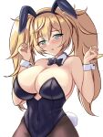  1girl alternate_costume animal_ears armpit_crease black_bow black_bowtie black_leotard black_pantyhose blonde_hair blue_eyes blush bow bowtie breasts cleavage cowboy detached_collar fake_animal_ears gambier_bay_(kancolle) hair_between_eyes highres kantai_collection large_breasts leotard long_hair looking_at_viewer montemasa pantyhose rabbit_tail simple_background solo strapless strapless_leotard tail traditional_bowtie twintails white_background 