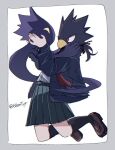  1girl 1other beak bird_girl black_hair black_jacket black_socks boku_no_hero_academia border brown_footwear commentary_request dark_shadow eye_contact full_body genderswap genderswap_(mtf) green_skirt grey_border hands_on_another&#039;s_face jacket kneehighs long_sleeves looking_at_another nbmtyr open_clothes open_jacket pleated_skirt ponytail red_eyes school_uniform shirt shoes simple_background skirt socks tokoyami_fumikage twitter_username u.a._school_uniform white_background white_shirt 