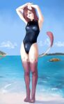  2023 anthro beach bell bell_collar biped breasts choker clothing collar digital_media_(artwork) digital_painting_(artwork) domestic_cat felid feline felis female full-length_portrait hair hands_above_head jewelry leg_markings mammal markings necklace one-piece_swimsuit portrait sea seaside sky small_breasts socks_(marking) solo swimwear tail water zyumin 