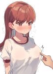  1girl blush breasts brown_eyes brown_hair closed_mouth gym_shirt highres kantai_collection large_breasts long_hair nanahamu ooi_(kancolle) shirt short_sleeves simple_background solo upper_body white_background white_shirt 