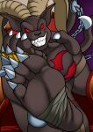  anthro bandai_namco belphemon_(rage_mode) bovid brown_body brown_fur caprine chain claws demon digimon feet foot_fetish foot_focus fur goat grin hi_res horn male mammal mrmosqito muscular muscular_anthro muscular_male pecs red_eyes smile solo 