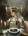  1boy absurdres black_eyes black_hair blood blood_on_clothes cage candle deep_wound erwin_smith fork frown head_tilt highres holding holding_fork injury levi_(shingeki_no_kyojin) looking_at_viewer male_focus on_chair plate pov pov_hands shingeki_no_kyojin short_hair sitting solo_focus thisuserisalive 