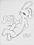  anthro bloody_bunny bloody_bunny_(series) blush blush_lines butt cheek_tuft cotton_tail crossed_legs duo facial_tuft female grey_background hi_res lagomorph leporid looking_at_viewer looking_back looking_back_at_viewer lying mammal mervophd monochrome mumu_(bloody_bunny) narrowed_eyes on_back one_ear_up rabbit rear_view simple_background thick_thighs traditional_media_(artwork) tuft wide_hips 