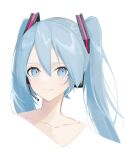 1girl blue_eyes blue_hair collarbone commentary cropped_shoulders hair_ornament hatsune_miku headphones headset koko_niiru long_hair looking_up making-of_available portrait smile solo twintails vocaloid white_background 