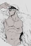  absurdres blonde_hair bracelet donquixote_doflamingo earrings eyes_visible_through_eyewear feather_coat goggles goggles_on_head highres jewelry multiple_rings muscular muscular_male necklace nowosuke one_piece open_clothes parted_lips partially_colored rain ring short_hair sketch sunglasses upper_body 