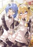  +_+ 2girls alternate_costume apron azur_lane blonde_hair blue_hair cross-shaped_pupils enmaided gascogne_(azur_lane) glasses jewelry juugou_taki light_blush long_sleeves looking_at_viewer maid maid_apron maid_headdress medium_hair multiple_girls open_mouth purple_eyes rectangular_eyewear ring round_eyewear semi-rimless_eyewear sidelocks sitting smile symbol-shaped_pupils under-rim_eyewear warspite_(azur_lane) wedding_ring yellow_eyes 