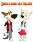  anthro belka bottomwear canid canine canis clothing domestic_dog duo english_text eye_contact female hi_res jewelry looking_at_another mammal necklace pants shirt simple_background skirt smile space_dogs strelka t-shirt text topwear unknown_artist white_background 