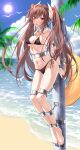  1girl :o absurdres arms_behind_back ass azur_lane bare_shoulders barefoot beach bikini bird black_bikini blue_sky blush bound breasts brown_hair chain chained cleavage cloud cloudy_sky collarbone commentary cuffs day devil_heavens feet full_body furrowed_brow groin hair_between_eyes hair_ornament hair_scrunchie halterneck haruna_(azur_lane) highres horns immobilization innertube legs_together lens_flare long_hair looking_at_viewer medium_breasts navel ocean open_mouth outdoors palm_leaf palm_tree pole red_eyes red_scrunchie restrained scrunchie shackles shadow side-tie_bikini_bottom sidelocks sky solo stationary_restraints stomach string_bikini sun sweat swimsuit tree twintails underboob water 