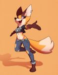  2022 anthro barefoot bottomwear brown_body brown_fur canid canine clothing denim denim_clothing digital_media_(artwork) dipstick_tail ear_piercing feet female fox fur gloves_(marking) hi_res jeans looking_at_viewer mammal markings midriff open_mouth open_smile orange_background orange_body orange_fur pants piercing sharemyshipment simple_background smile solo tail tail_markings torn_bottomwear torn_clothing torn_jeans torn_pants white_body white_fur 