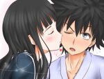  1boy 1girl a_certain_high_school_uniform black_hair blush closed_eyes commentary_request from_side hair_between_eyes heart hime_cut himegami_aisa kamijou_touma kiss kissing_cheek long_hair lower_teeth_only one_eye_closed open_mouth profile school_uniform shin_(highest1192) short_hair simple_background spiked_hair surprise_kiss surprised teeth toaru_majutsu_no_index toaru_majutsu_no_index:_old_testament white_background 