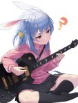  1girl ? absurdres animal_ear_fluff animal_ears black_skirt black_socks blue_hair blush bocchi_the_rock! brown_eyes closed_mouth commentary_request cosplay cube_hair_ornament electric_guitar eyelashes gotou_hitori gotou_hitori_(cosplay) guitar hair_ornament highres holding holding_instrument hololive instrument jacket long_hair long_sleeves looking_down music pink_jacket playing_instrument pleated_skirt rabbit_ears reccu sidelocks simple_background sitting skirt socks solo strap sweatdrop usada_pekora virtual_youtuber white_background zipper_pull_tab 