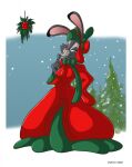  2021 anthro breasts christmas christmas_clothing clothed clothing digital_media_(artwork) disney dress dutch_(artist) female fur grey_body grey_fur headgear headwear hi_res holidays judy_hopps lagomorph leporid mammal mistletoe open_mouth plant rabbit snow snowing solo tree zootopia 