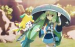  :&gt; ^_^ adjusting_clothes adjusting_headwear aqua_hair blue_eyes blue_hair blue_headwear blue_skirt blurry blurry_background closed_eyes closed_mouth flute grass hand_up hat hat_ornament hatsune_miku highres instrument japanese_clothes jirachi keeno-ringo46 kimono long_hair miniskirt multicolored_hair no_sclera outdoors poke_flute pokemon pokemon_(creature) project_voltage sandogasa skirt smile split_mouth standing star_(symbol) star_hat_ornament steel_miku_(project_voltage) third_eye_on_chest twilight two-tone_hair very_long_hair vocaloid white_kimono wide_sleeves 