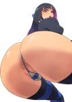  1girl absurdres anus ass ass_focus blue_eyes blunt_bangs blush bow colored_inner_hair from_below highres huge_ass long_hair looking_at_viewer minakami_(flyingman555) multicolored_hair open_mouth panties panty_&amp;_stocking_with_garterbelt partially_visible_vulva pink_hair purple_hair solo stocking_(psg) striped striped_panties striped_thighhighs teeth thighhighs thighs two-tone_hair underwear upper_teeth_only white_background 