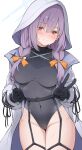  1girl atsuko_(blue_archive) black_gloves blue_archive blush bow braid breasts cameltoe closed_mouth covered_navel gloves hair_bow halo head_tilt highres hood hood_up jacket large_breasts looking_at_viewer orange_bow purple_hair red_eyes revision simple_background smile solo sweat thigh_gap thighs twin_braids v white_background white_hood white_jacket yuukun_mk-ii 