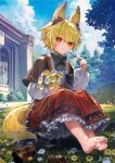  1girl animal_ears barefoot blonde_hair blue_sky blush bouquet bright_pupils building cloud day dress feet flower fox_ears fox_tail full_body grass highres holding holding_bouquet holding_flower horns komota_(kanyou_shoujo) long_sleeves looking_at_viewer nature original outdoors red_eyes shoes shoes_removed short_hair sitting sky smile solo tail toes tree white_pupils 