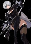  1girl 2b_(nier:automata) absurdres ass_visible_through_thighs black_background black_blindfold black_hairband black_thighhighs blindfold bob_cut breasts cleavage_cutout clothing_cutout feather-trimmed_sleeves groin hairband highres holding holding_sword holding_weapon juliet_sleeves katana lips long_sleeves medium_breasts mole mole_under_mouth nier:automata nier_(series) parted_lips puffy_sleeves red_lips short_hair simple_background solo sword temoc thighhighs thighs weapon white_hair 
