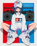  1girl baseball_cap between_legs blue_background blue_eyes blue_hair blue_shorts blunt_bangs blush boombox border closed_mouth clothes_writing dark_blue_hair fila hand_between_legs hat headphones highres jitome looking_at_viewer medium_hair nao97122 original outside_border print_headwear print_shirt product_placement red_background revision ribbed_socks shirt shoes shorts sidelocks sitting sleeves_past_elbows sneakers socks solo straight-on tamiya_incorporated two-tone_background white_border white_footwear white_headwear white_shirt white_socks 