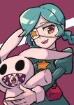  1girl absurdres annie_(skullgirls) belt_pouch braid buresu21 eyepatch green_hair highres long_hair mixed-language_commentary open_mouth pouch red_background sagan_(skullgirls) skullgirls solo star_(symbol) stuffed_animal stuffed_rabbit stuffed_toy twin_braids yellow_eyes 