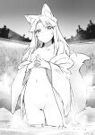  animal_ear_fluff animal_ears ariyoshi_gen bar_censor breasts censored closed_mouth commentary_request fox_ears fox_girl fox_tail greyscale japanese_clothes kimono long_hair looking_at_viewer monochrome navel nipples open_clothes open_kimono original outdoors partially_submerged pussy small_breasts tail water wide_sleeves yue-chan 