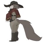  2023 anthro biped boots butt canid canine clothed clothing female footwear fur furgonomics gloves grey_body grey_fur grey_hair grey_tail hair hand_on_hip handwear hat headgear headwear hi_res looking_at_viewer mammal simple_background solo standing tail tail_clothing white_background yitexity 