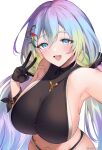  1girl absurdres armpits artist_name bikini black_bikini black_bikini_bottom black_gloves blue_eyes blush breasts cupitan_(granblue_fantasy) cupitan_(summer)_(granblue_fantasy) gloves gradient_hair granblue_fantasy hair_between_eyes hair_ornament highres huge_breasts long_hair looking_at_viewer low_twintails multicolored_hair navel open_mouth rainbow_hair selfie sideboob simple_background smile solo swimsuit twintails v very_long_hair white_background yuntae 