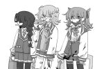  3girls absurdres against_railing bandage_on_face bandaged_hand bandages bandaid bandaid_on_hand bandaid_on_leg baseball_bat blazer blood blood_on_clothes blood_on_face bow bowtie braid brass_knuckles cardigan cigarette commentary_request delinquent denki_enzanki disheveled double_bun facing_viewer feet_out_of_frame flipped_hair gas_can glasses greyscale hair_bow hair_bun hair_ornament hair_ribbon hairclip hanakuma_chifuyu hand_up highres holding holding_baseball_bat holding_weapon jacket koharu_rikka long_hair looking_away mask mask_pull medium_hair molotov_cocktail monochrome mouth_hold mouth_mask multiple_girls natsuki_karin necktie nosebleed pantyhose partially_unbuttoned pleated_skirt railing ribbon sideways_glance simple_background skirt spiked_bat standing surgical_mask synthesizer_v thighhighs twintails weapon 