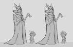  anthro avian bell bird cape clothing crown duo father father_and_child father_and_son formal_clothing formal_wear frown headgear helluva_boss hi_res looking_down looking_up male monochrome neutral_expression owl owl_demon paimon_(helluva_boss) parent parent_and_child simple_background son standing stolas_(helluva_boss) teathekook white_background 