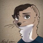  anthro brown_hair brown_nose clothing hair headshot_portrait least_weasel looking_at_viewer male mammal mustelid musteline nivral nivral_(character) portrait shirt simple_background solo t-shirt topwear true_musteline weasel 