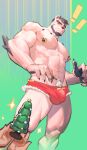  1boy abs absurdres animal_ears baimeme bara bear_boy bear_ears brown_fur bulge christmas christmas_tree covered_penis from_below full_beard fur-trimmed_shorts fur_trim furry furry_male highres large_pectorals looking_at_viewer male_focus mature_male muscular muscular_male navel nipple_piercing nipple_rings nipples original pectorals piercing shorts solo_focus stomach strongman_waist thick_eyebrows thick_navel_hair thick_thighs thighs 